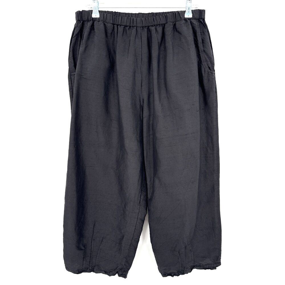 FLAX Black 100% Silk Pull On Wide Leg Ankle Pants Size L Large